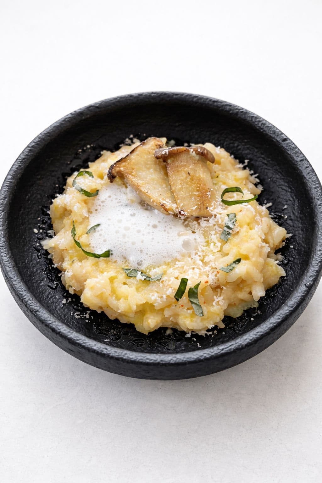 Brown Butter Miso Risotto With Parmesan Foam and Grilled Mushroom